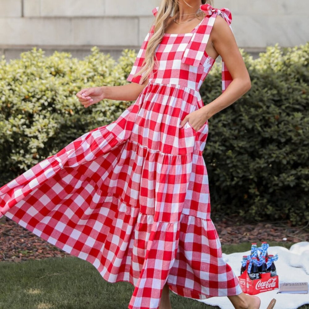 Red Gingham Midi Dress | Size Small